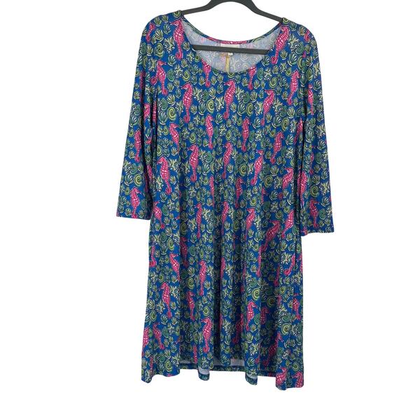 Simply Southern Seahorse Print  Caroline Stretch Knit Blue Pink Dress Medium NEW - Picture 1 of 8